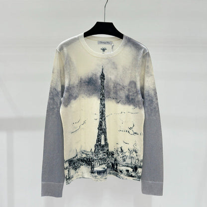 DIC029  Early fall new gradient Paris Tower print knitted long-sleeved clothes