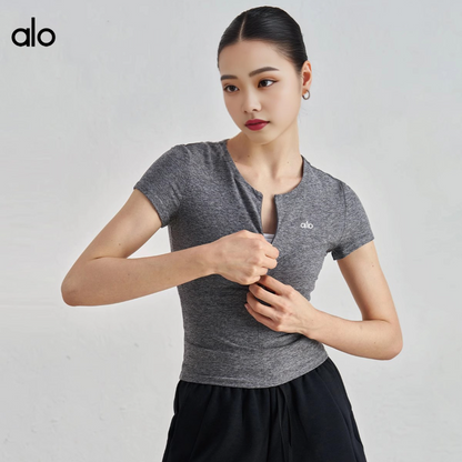 PALC29   Women's summer yoga short sleeved running sportswear half zip top clother