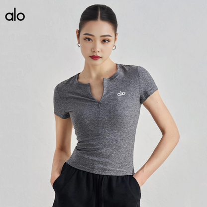 PALC29   Women's summer yoga short sleeved running sportswear half zip top clother